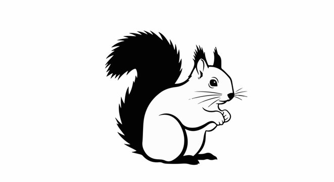 A black and white line drawing of a squirrel with a bushy tail