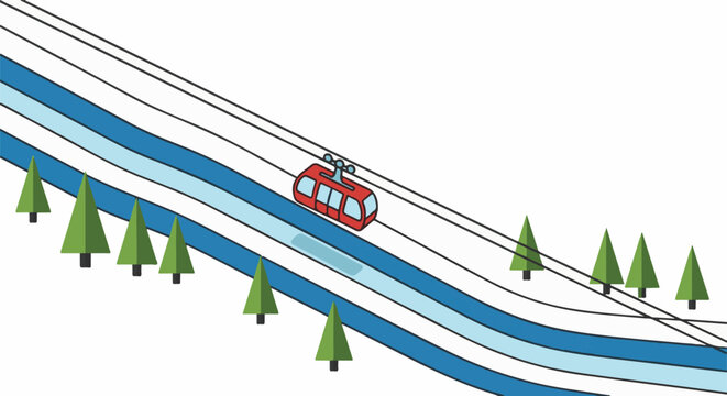 A cartoon ski lift moves above a snowy slope dotted with evergreen trees