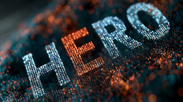 A close-up view of the word hero made up of small pixels in a digital landscape