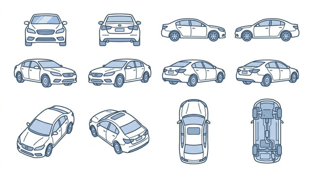 Collection of Car Illustrations in Various Angles and Views.