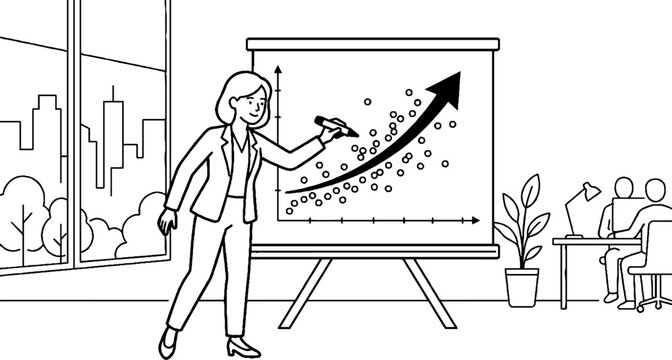 Data analyst highlighting upward trend on scatter plot