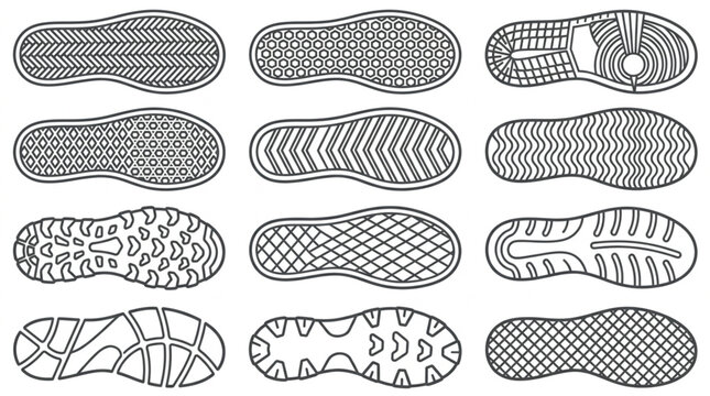 Collection of Shoe Soles with Different Tread Patterns.