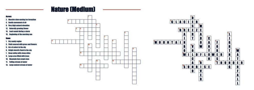 Two crossword puzzles with clues and answers on white background  