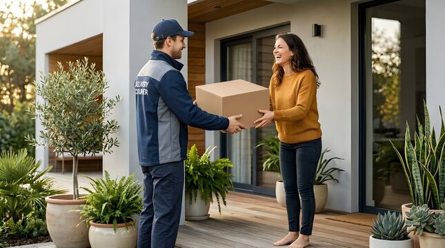 a male parcel courier is giving a package to a female package recipient