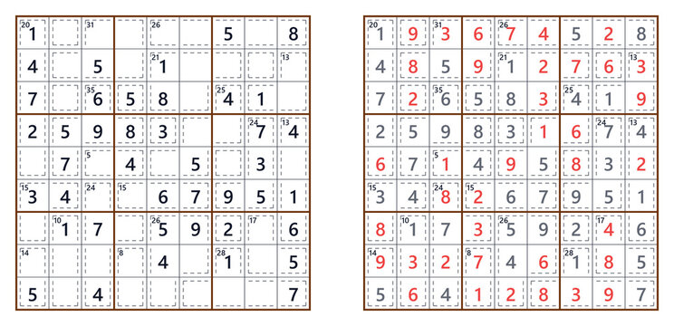 Sudoku puzzle sheets with filled cells and highlighted answers  
