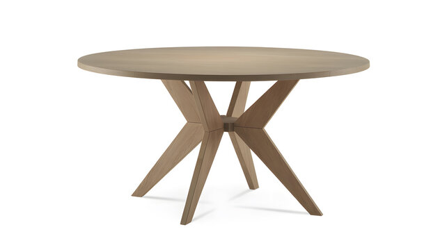 A stylish round wooden table with a unique four-legged base on a white background