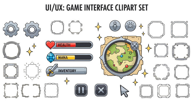 Pixel art game interface UI/UX elements clipart set featuring health and mana bars, map, buttons, and decorative frames for digital games.