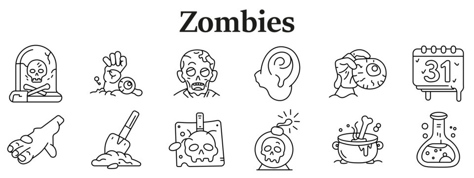Zombies set icon. Line icons depict skull grave, crawling hand, undead face, ear detail, bitten victim, calendar mark, severed hand, shovel dirt, skull board, bomb skull, cauldron bone, potion flask