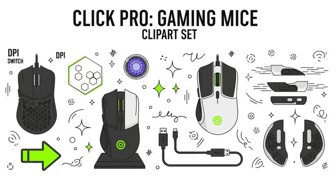 A collection of gaming mice and related accessories, including different mouse designs, a USB cable, and interchangeable parts, presented as a clipart set.