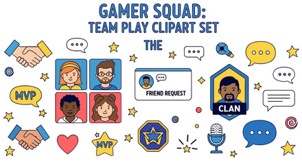 A vibrant collection of gamer squad and team play clipart featuring diverse avatars, chat bubbles, handshakes, and gaming-related icons. © Faisal