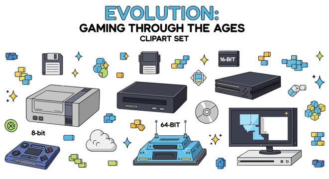 Vector illustration of gaming evolution through the ages, featuring retro video game consoles, storage media like floppy disks and cartridges, and pixel art elements.