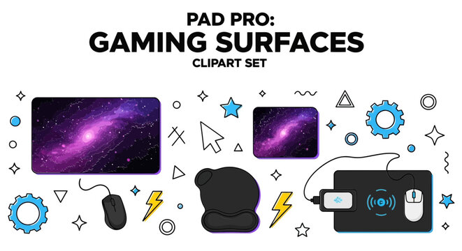 Gaming surfaces and accessories clipart set featuring mouse pads with galaxy designs, a computer mouse, wrist rest, and abstract geometric icons.