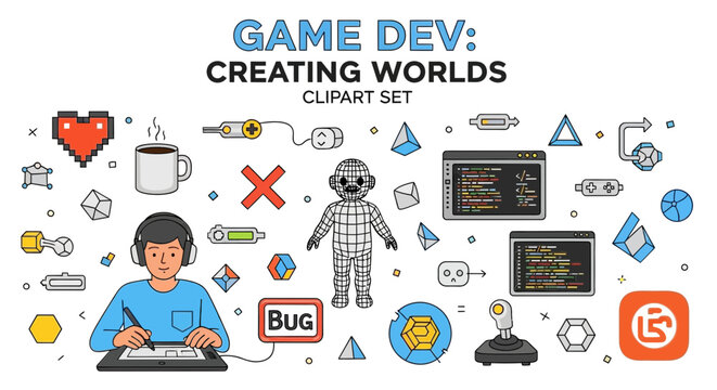 An illustration depicting a game developer working on a digital tablet surrounded by various game development icons and tools.