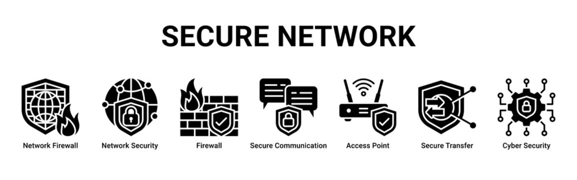 Secure Network web banner icon vector illustration with icons of Network Firewall, Network Security, Firewall, Secure Communication, Access Point, Secure Transfer and Cyber Security