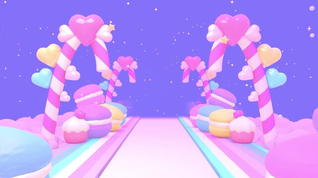 Passing through heart candy cane corridor on rainbow road animation. (loop)