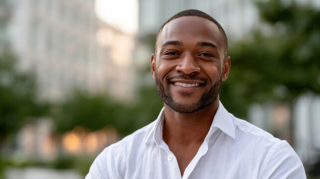 Portrait of a young african-american man with a big smile on his face. he is wearing a white collared shirt and is standing outdoors with a blurred background of buildings and trees.