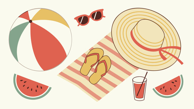Vector illustration of summer beach vacation essentials set with ball hat towel sandals and watermelon