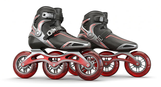 Pair of futuristic roller blades isolated on white background, sleek aerodynamic design with silver and red metallic