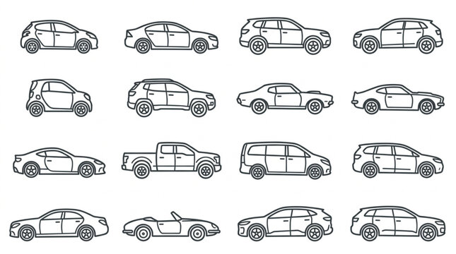 Collection of Diverse Vehicle Silhouettes in Black and White Sketch Style.