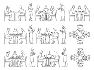 Fototapeta premium Comprehensive CAD Drawings Restaurant Patrons and Staff Dining and Interacting at Tables, Illustrating Seating and Service for Architectural and Interior Design Plans