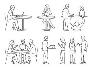 Fototapeta premium CAD Vector Line Art Illustrations People in Social and Professional Settings. Everyday interactions for architectural planning and modern design projects