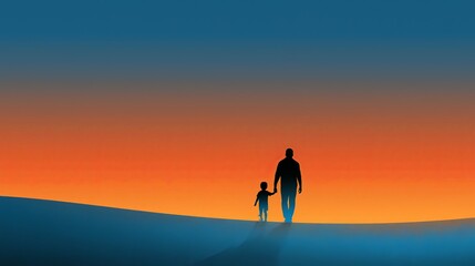 Fototapeta premium A silhouette of a man and child walking hand in hand at sunset outdoors
