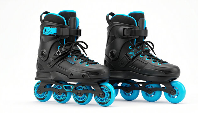 Ultra realistic inline roller blades isolated on pure white background, modern aggressive skate design with matte black and neon blue accents