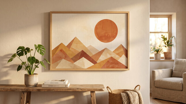 Abstract geometric landscape art print with terracotta sun and mountains