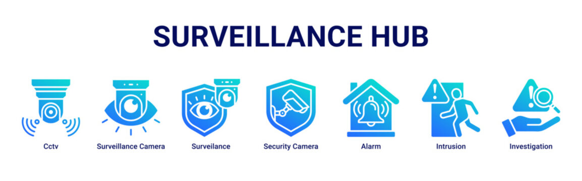 Surveillance Hub web banner icon vector illustration with icons of Cctv, Surveillance Camera, Surveilance, Security Camera, Alarm, Intrusion and Investigation