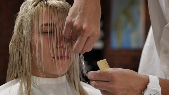Professional hairdresser cutting a young woman's wet hair with scissors. Close-up of a client receiving a haircut and hairstyle makeover