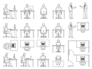 Fototapeta premium Versatile CAD-style illustrations offering multiple perspectives of individuals working on computers, ideal for technical drawings, architectural plans, and design layouts