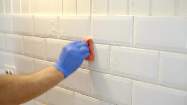 Thoroughly cleaning the grout between tiles. Manually cleaning stains on white tiles. Close-up of a gloved hand cleaning white tiles. A variety of tile cleaning products. The problem of cleaning.