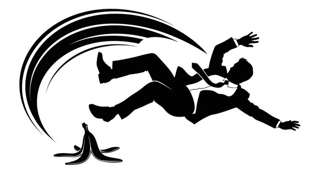 Businessman Slipping on Banana Peel, Falling Down, Business Failure Concept