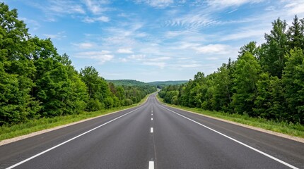 Fototapeta premium Empty two-lane highway stretching through lush green forest under clear blue sky