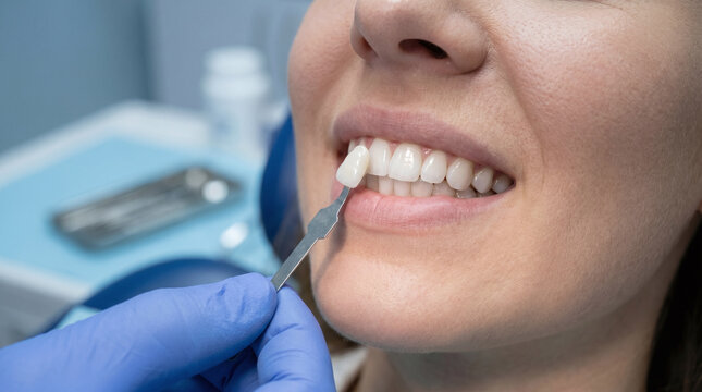 Macro close-up of dentist using shade guide to match teeth color for aesthetic veneer treatment