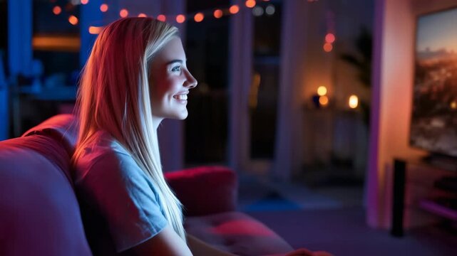 Young woman focused on screen holding controller in living room
