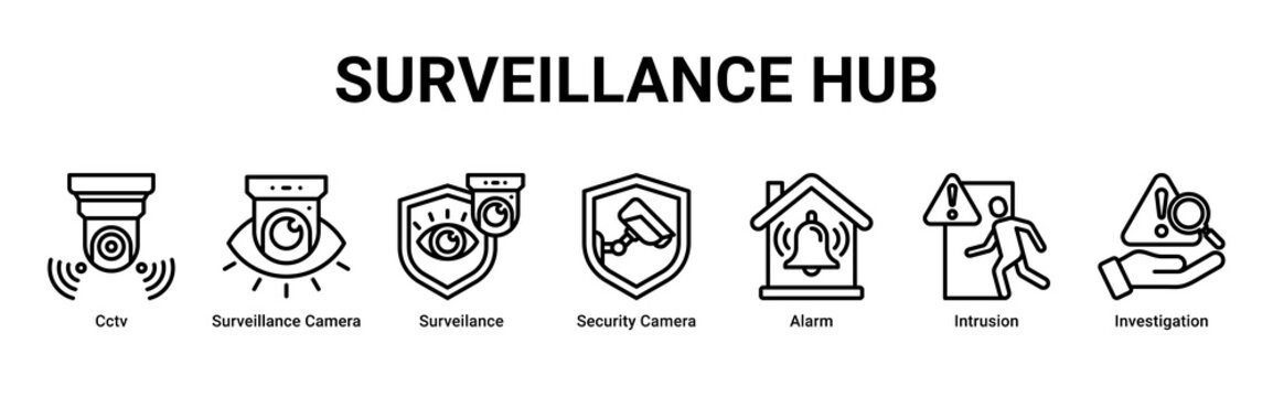 Surveillance Hub web banner icon vector illustration with icons of Cctv, Surveillance Camera, Surveilance, Security Camera, Alarm, Intrusion and Investigation