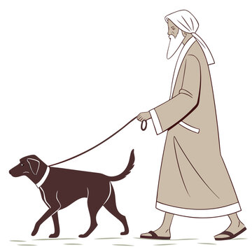 Vector illustration of an old man with a long beard walking a dog on a leash lifestyle companion character