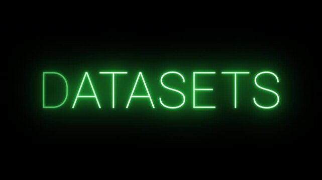 Flickering neon green glowing datasets sign animated black background.