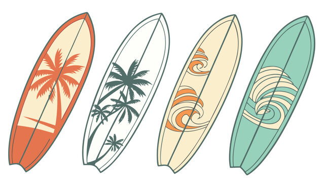 Vector illustration of four colorful surfboard designs with tropical and ocean patterns surfboard tropical