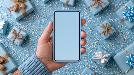 Obraz premium A hand holding a smartphone surrounded by blue gifts and decorations on a festive background