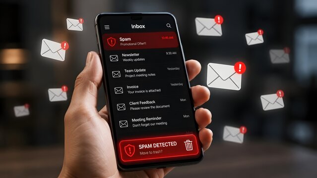 Person holding a smartphone with a spam detected notification on the screen surrounded by floating 3D warning email icons
