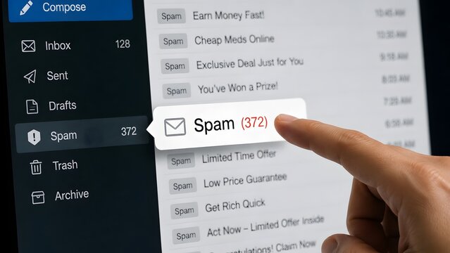 Hand pointing at a computer monitor displaying an email inbox interface with a highlighted spam folder and typical scam subject lines