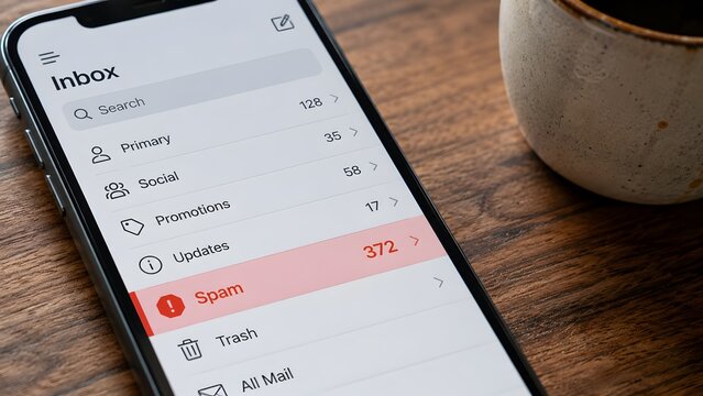 Close up view of a smartphone on a wooden desk displaying an email application with a highlighted red spam folder full of unwanted messages