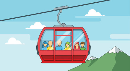 Cable Car Gondola Ride with People Traveling Over Mountains © fiyan