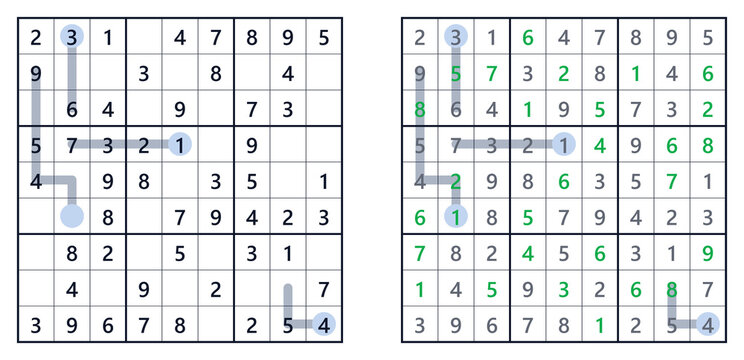 Sudoku solution page with highlighted numbers in easy level. For a book of Japanese Sudoku puzzles. For a book of Japanese Sudoku puzzles  