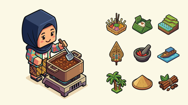 Isometric vector illustration of a blocky character in a hijab and batik cooking, including cultural icons like rice terraces, wayang shadow puppet, spices, and Indonesian cuisine.