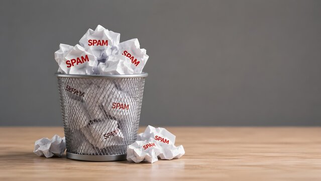 Metal trash can overflowing with crumpled paper balls labeled as spam on a wooden desk. Concept of rejecting unwanted junk mail or irrelevant business communication