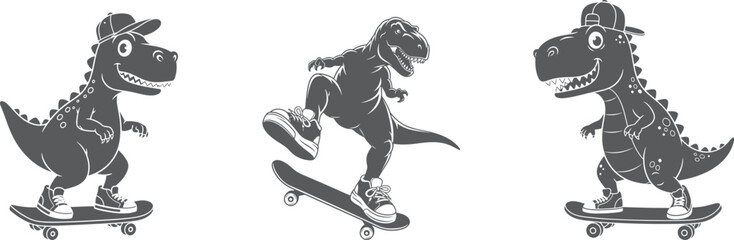 Black and white dinosaurs riding skateboards in different poses and styles © MDSaidul