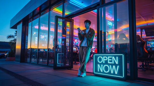 Young man using smartphone outside futuristic neon storefront with glowing open now sign at sunset